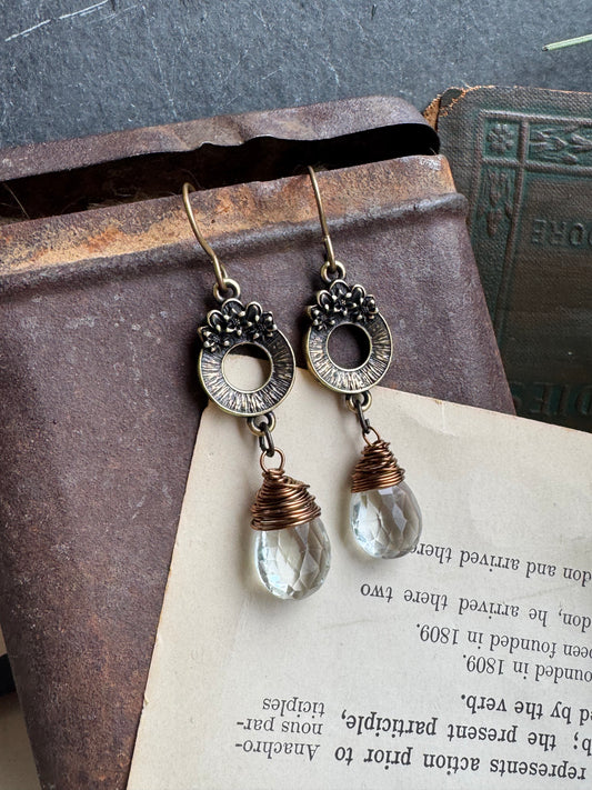 Green amethyst stone, brass flower charm, earrings