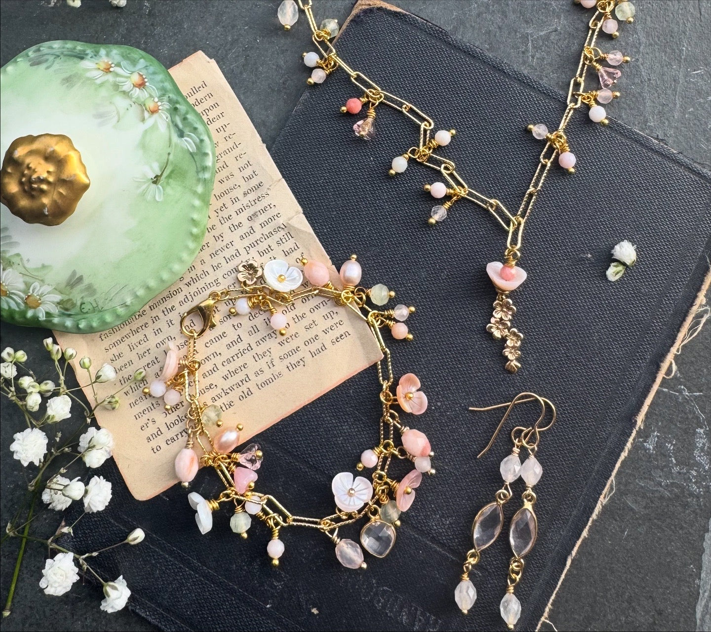 Pink opal, pearls, rose quartz, Paperclip 14K Heavy Gold Plated Chain, gold metal cherry blossom pendant, pink shell blossoms, necklace, jewelry.