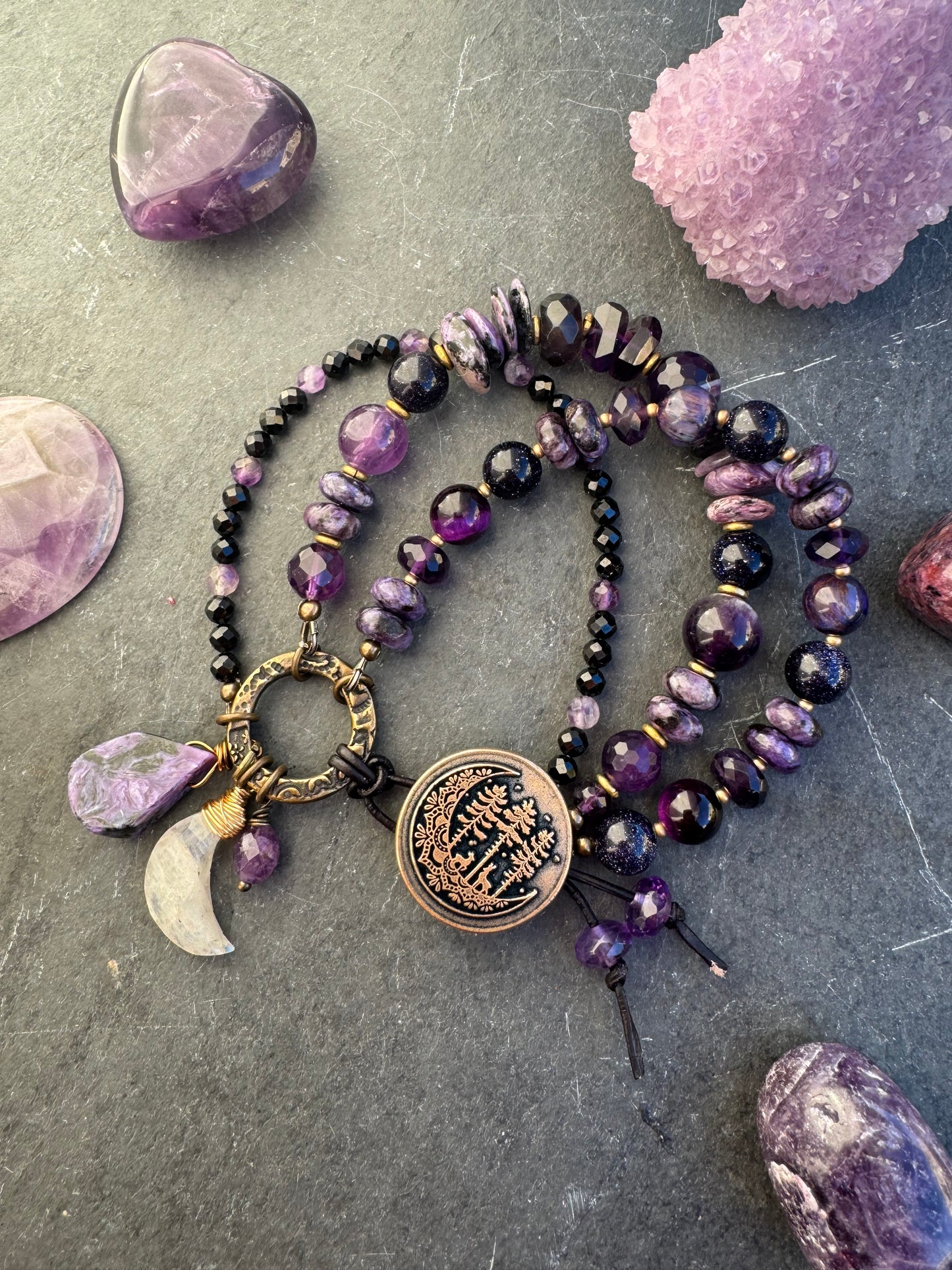 Moon and trees bronze button, amethyst, Onyx, purple goldstone, Charoite and purple tigers eye, Moonstone, bracelet