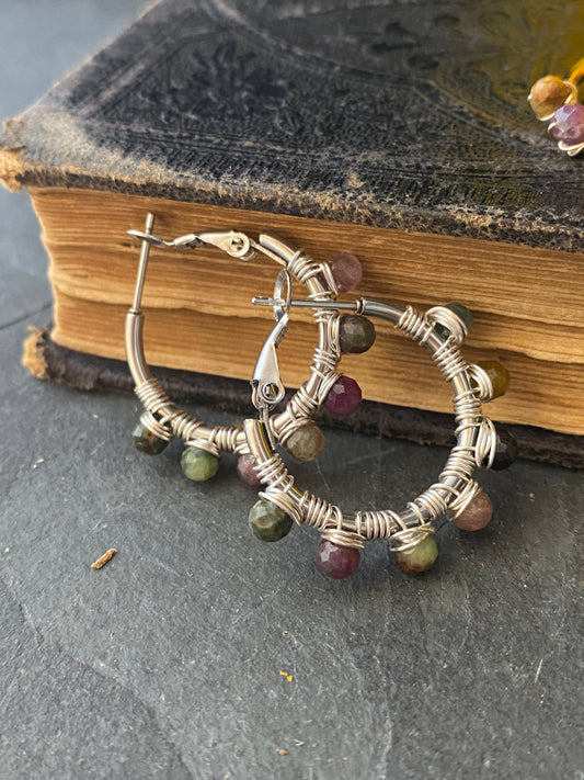 Tourmaline stone, silver metal wire wrapped hoops, top hoop, earrings