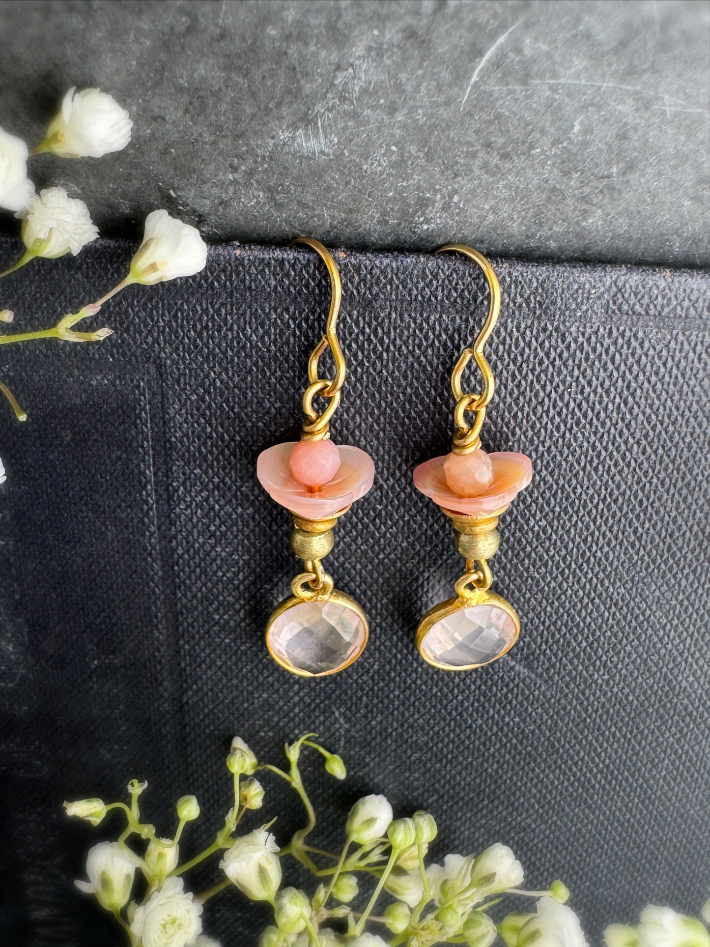 Pink opal, vermeil gold rose quartz drops, pink shell blossoms, gold metal, earrings