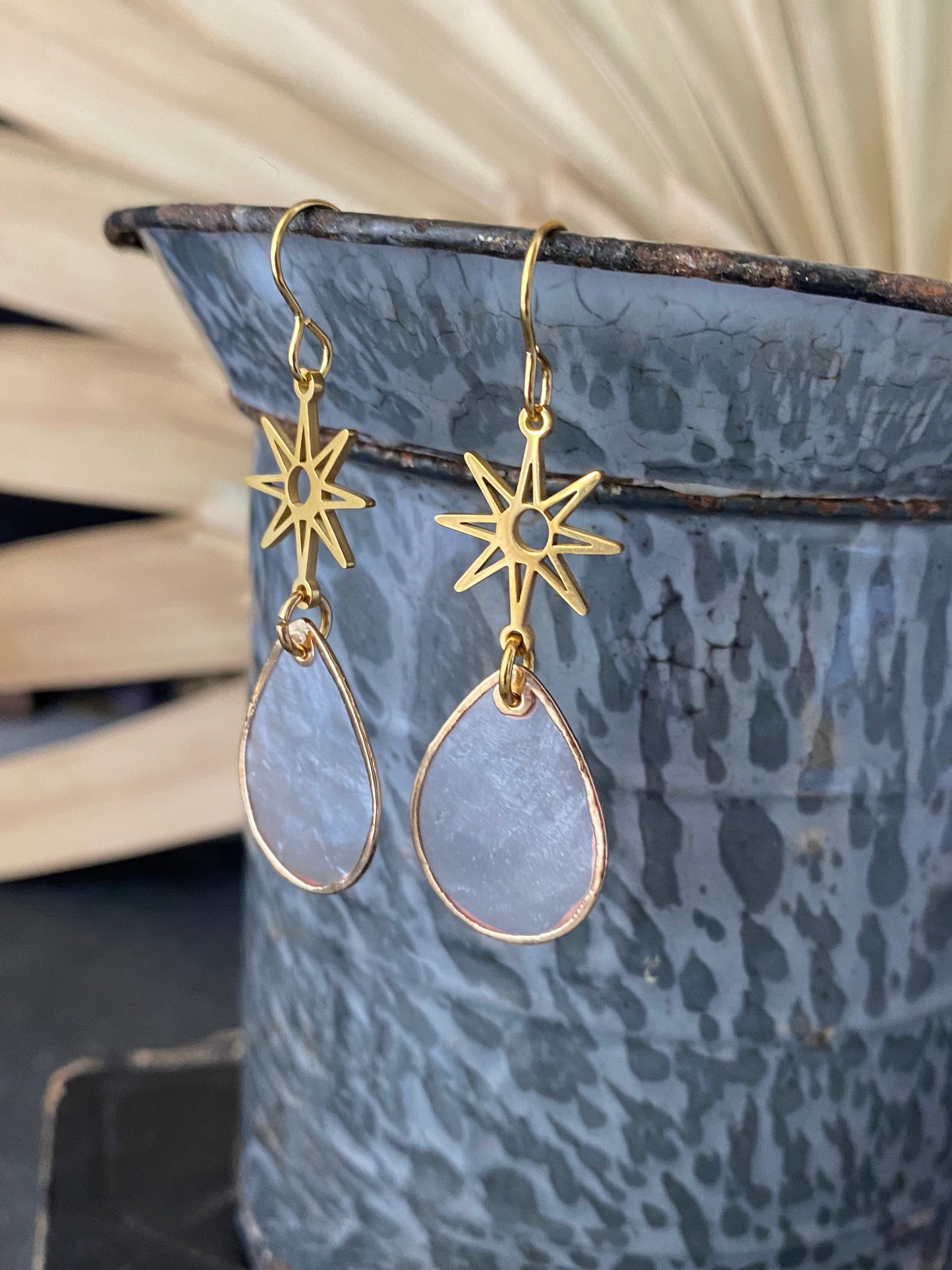 Shell charms, gold metal star charms, earrings
