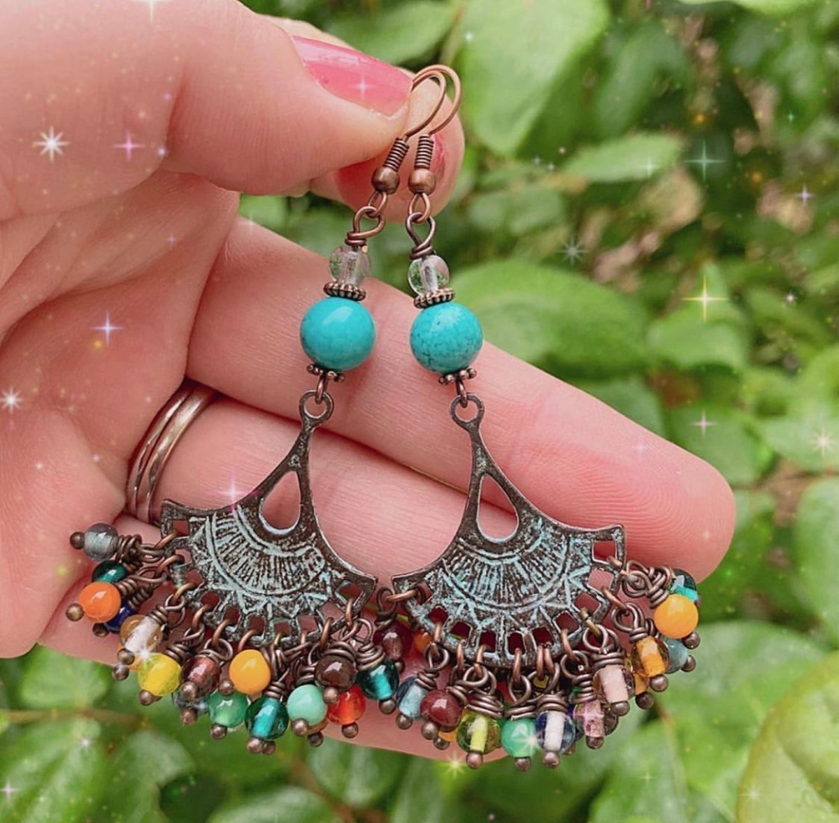 Green ceramic fans, colorful glass and turquoise stone earrings