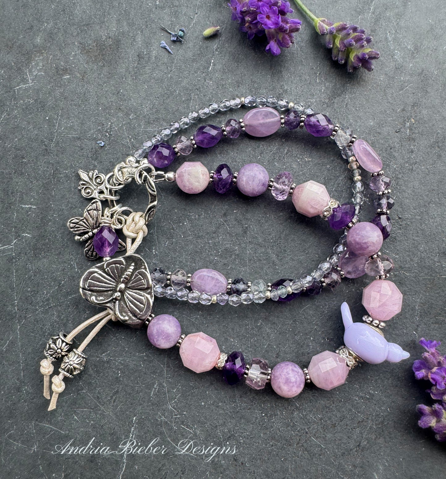 Amethyst stone, fluorite, kunzite, lampwork glass bird, fire polish, Butterfly button, silver metal, bracelet