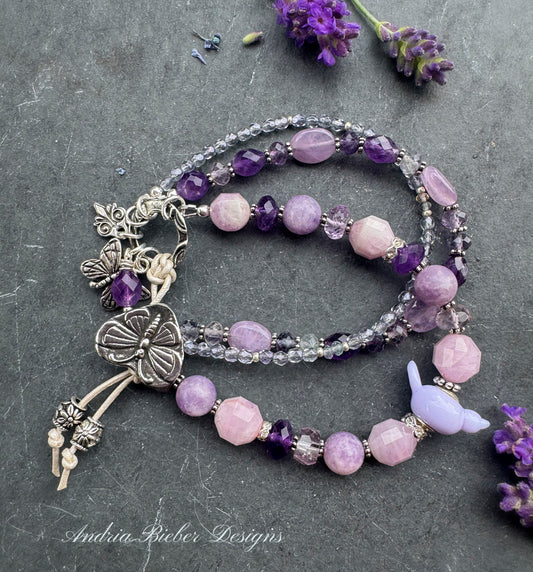 Amethyst stone, fluorite, kunzite, lampwork glass bird, fire polish, Butterfly button, silver metal, bracelet
