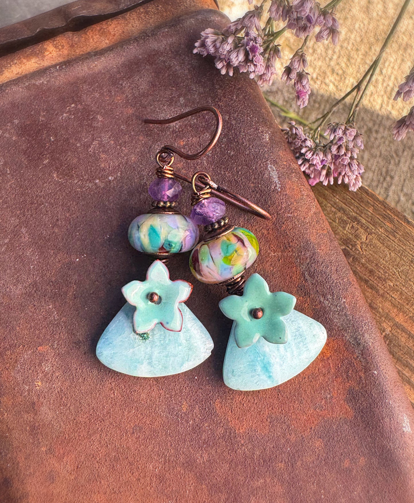 Enamel metal & glass bead caps, handmade lampwork glass, Amazonite stone drops, amethyst stone, copper metal, earrings