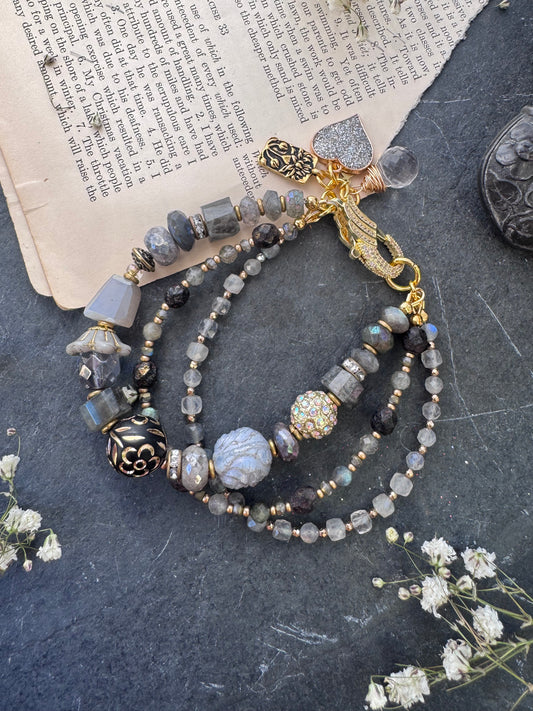 Labradorite stone, Czech glass, gold metal, rhinestone, bracelet