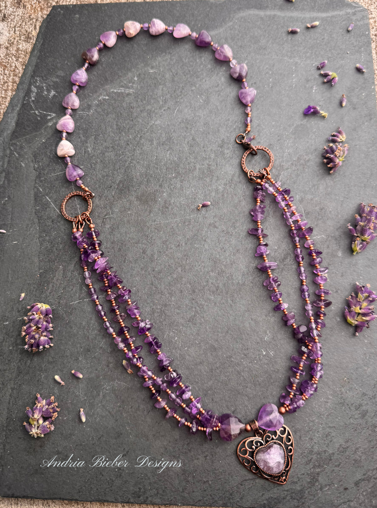 Hearts. Amethyst gemstone, copper metal, necklace