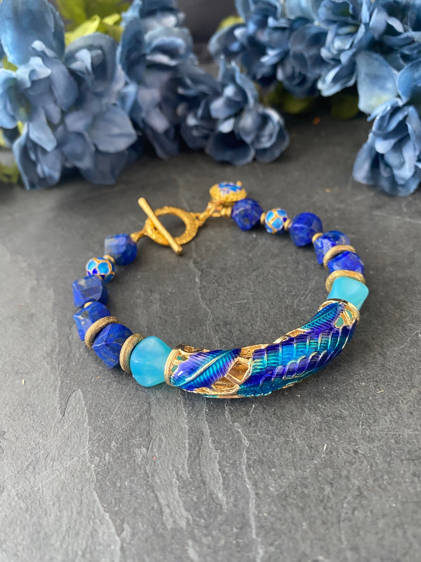 Peacock bracelet. Lapis lazuli stone, cloisonné cuff, czech glass, bracelet, KIT