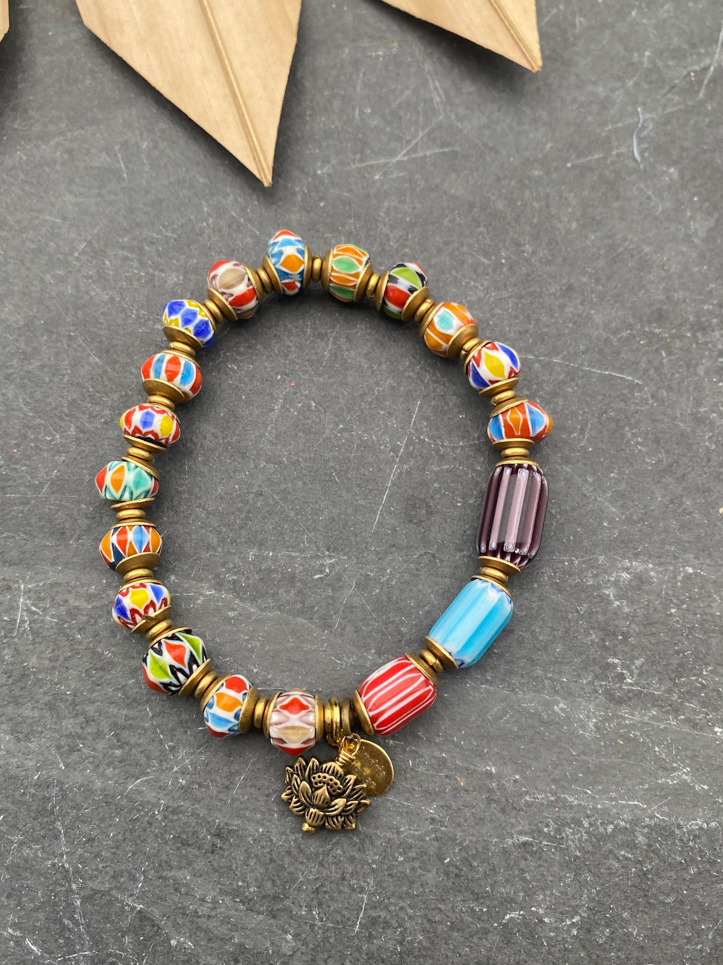 Indonesian glass, African brass, elastic cording, bracelet, jewelry