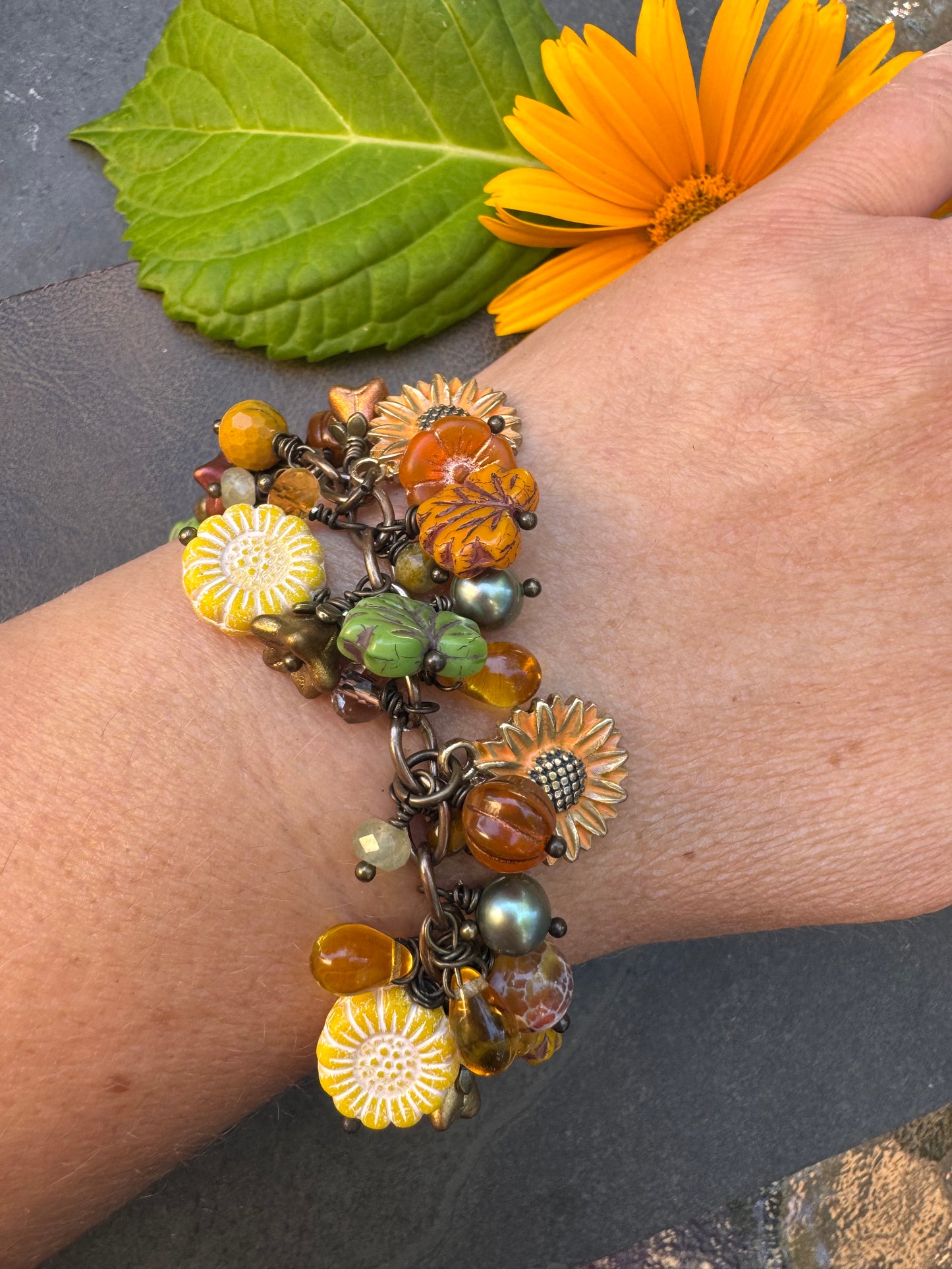 Sunflower and Autumn. Mixed stone, Czech glass, charms,  bracelet, KIT