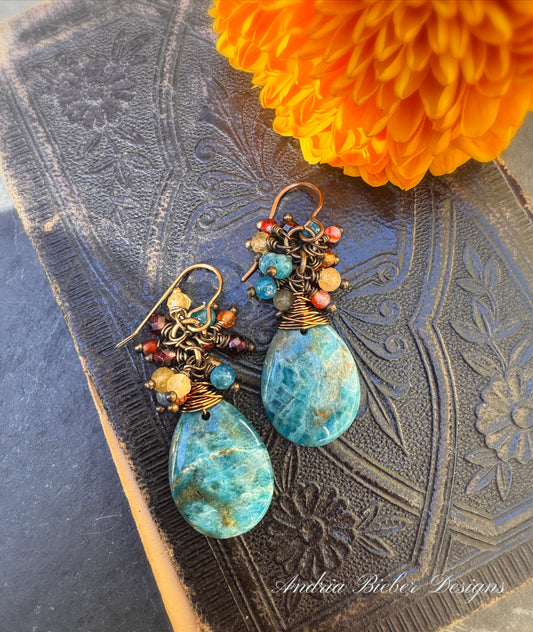 Apatite stone drops, citrine, garnet, orange agate stone, antq. brass metal, earrings