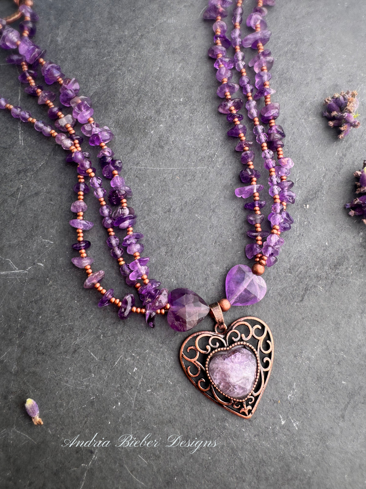 Hearts. Amethyst gemstone, copper metal, necklace