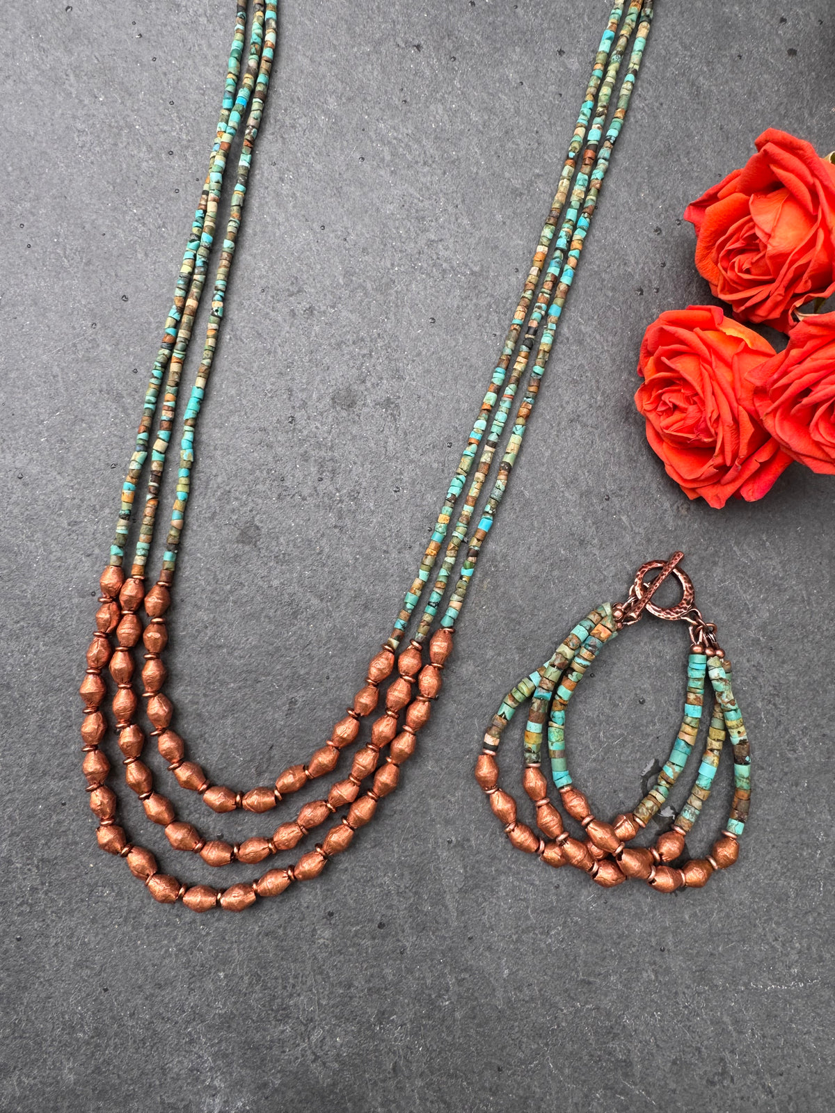 Turquoise stone, copper metal, multi strand, necklace
