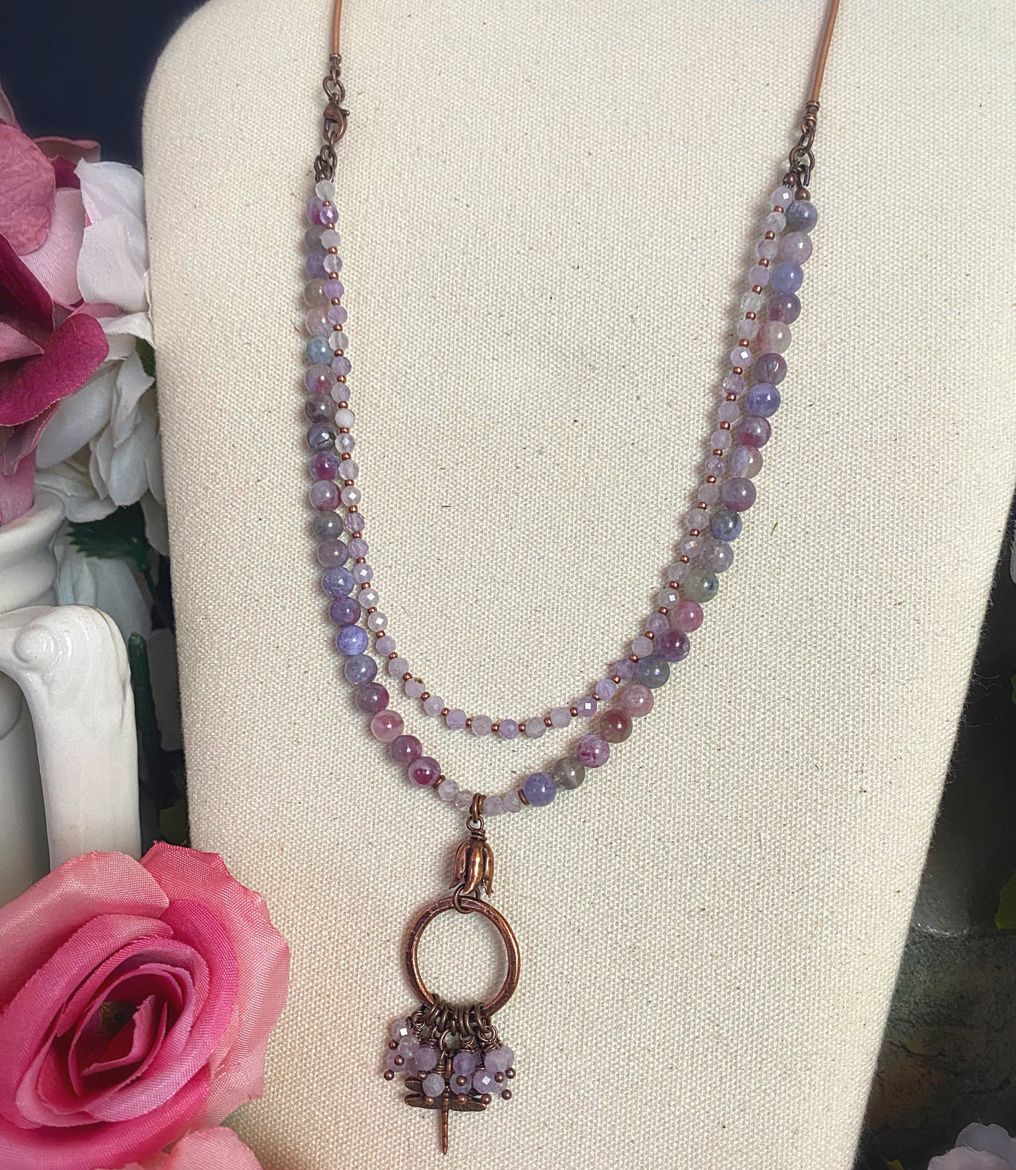 Red Pink Quartz,amethyst, copper metal, necklace, jewelry