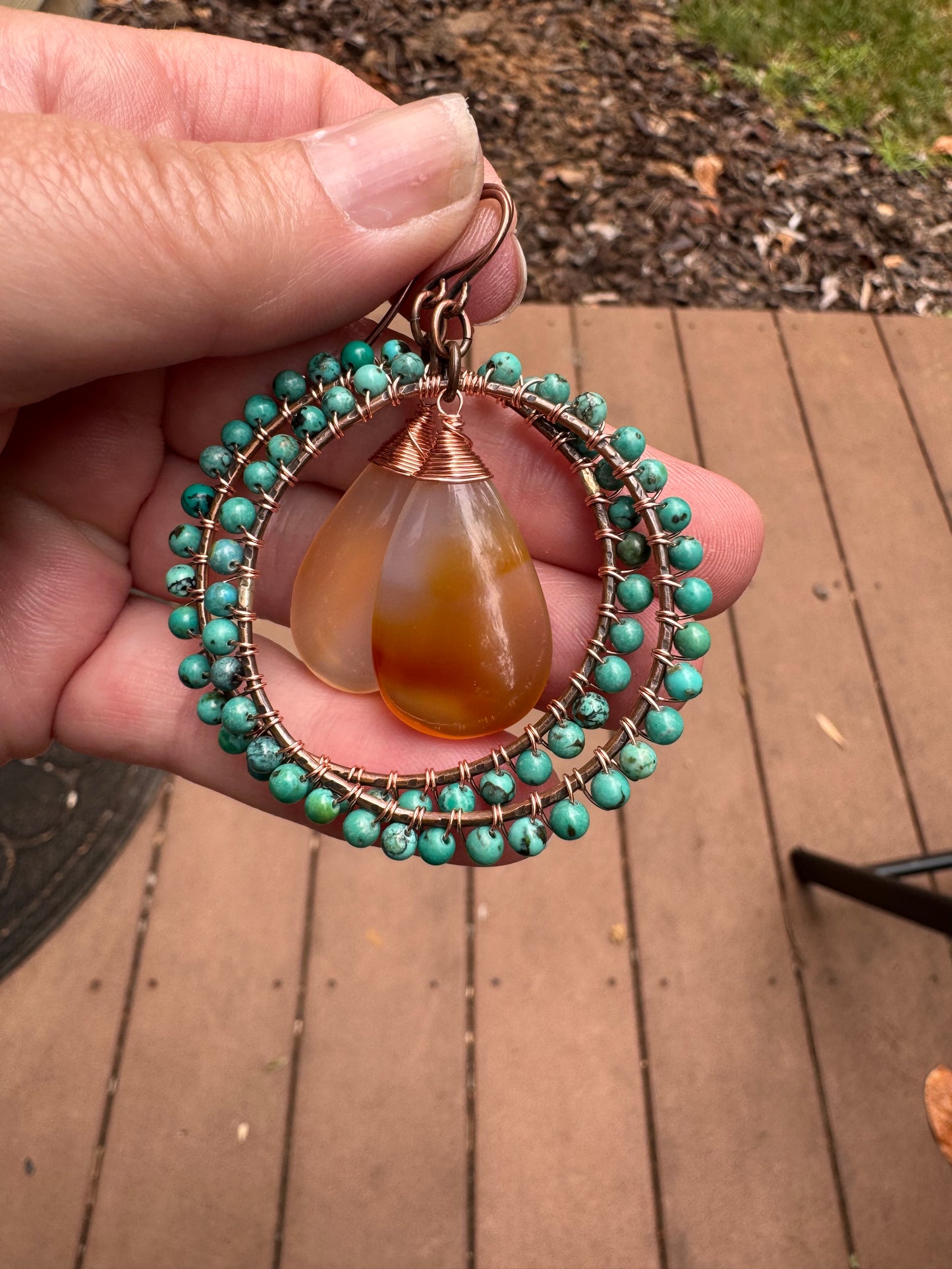 Turquoise, carneilan agate, stone, hammered copper metal hoop, earrings