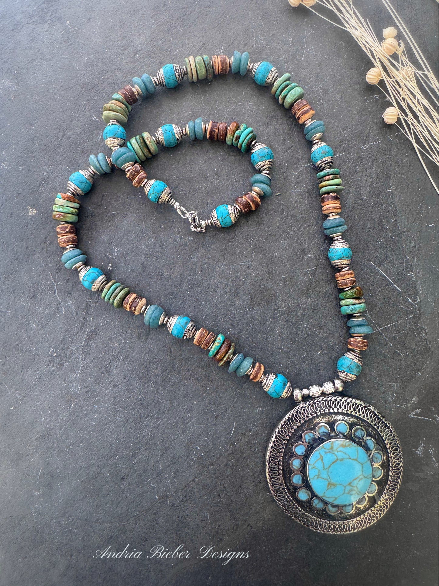 Hubei turquoise, turquoise, java glass, solver capped turquoise , wood, silver metal, necklace