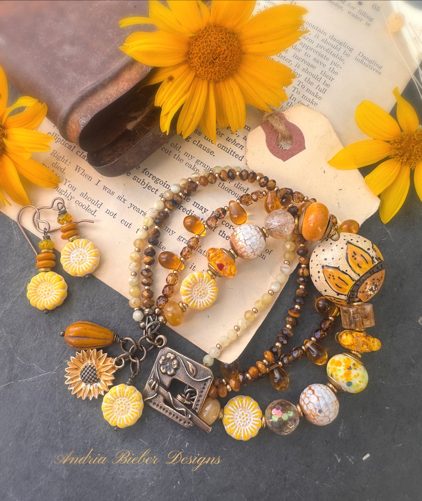 Sunflower. 🌻ceramic beads, Handmade lampwork glass, citron, tiger eye, African opal, Czech glass, bronze metal, bracelet. Includes earrings.