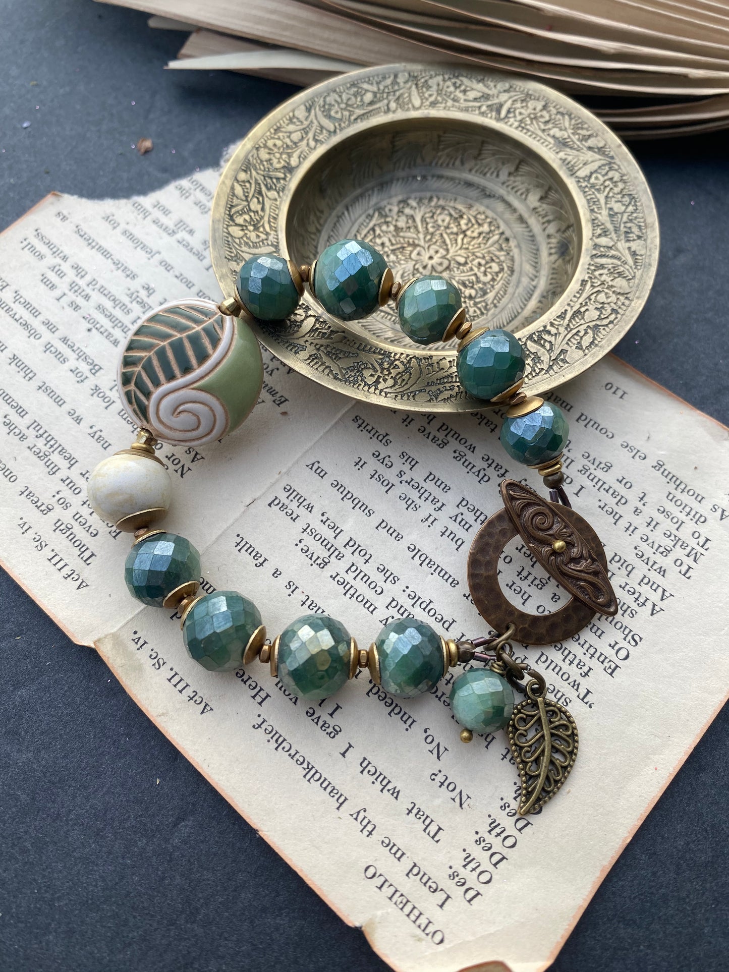 Ceramic leaf bead, green faceted mystic coated jade, African brass, bronze metal, bracelet