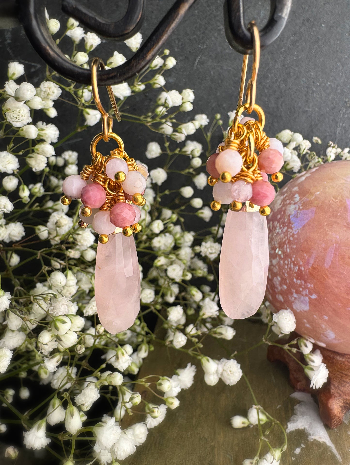 Rose quartz drops, pink Opal , gold metal, earrings