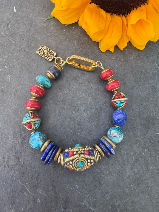 Nepal beads, coral, turquoise, lapis lazuli, jasper, bracelet.