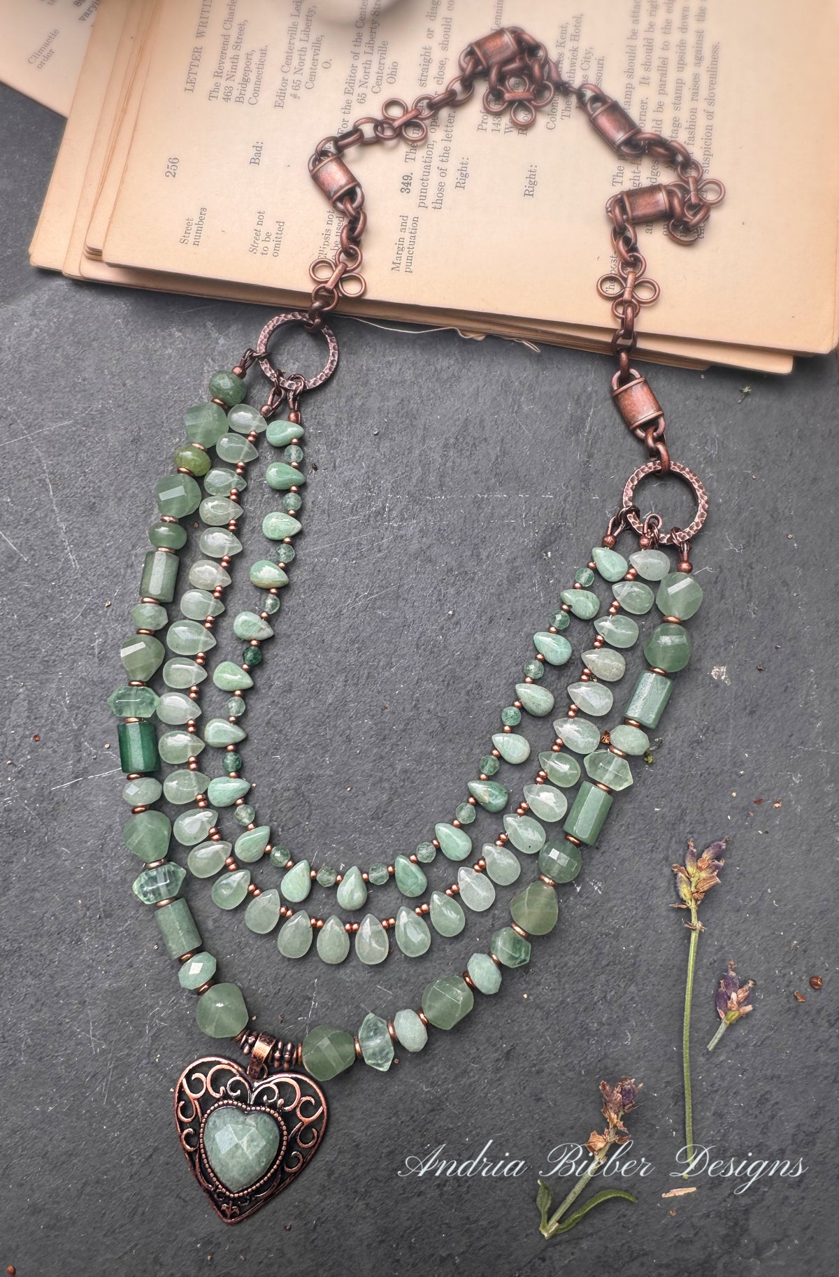 Green aventurine stone, green fluorite stone, and copper metal, necklace