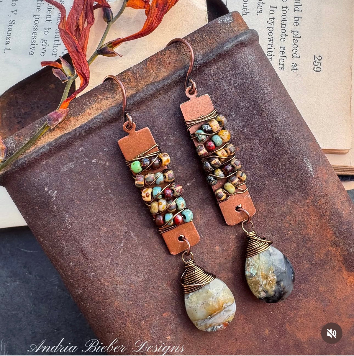 Green stone drops, Czech glass, wire wrapped, copper metal, earrings