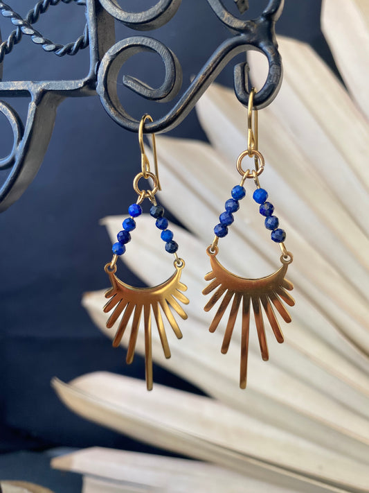Starburst ray gold metal charms, lapis lazuli stone, earrings