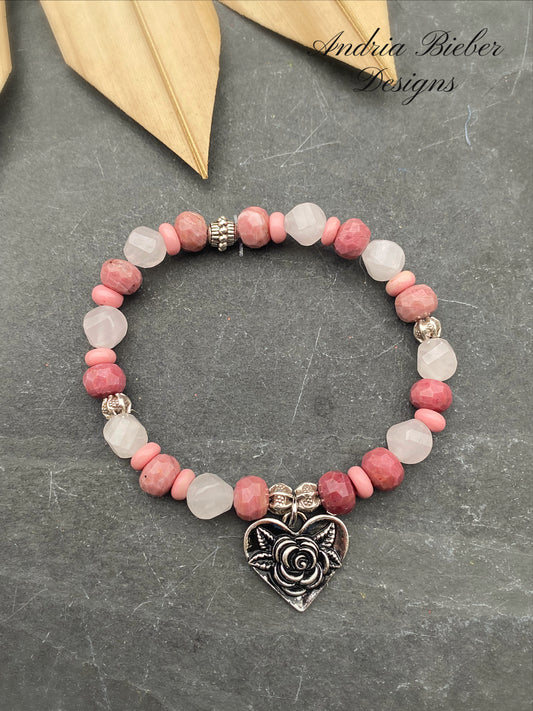 Rose quartz, Indonesian, glass,pink stone,￼Sterling silver metal, elastic stretch, bracelet