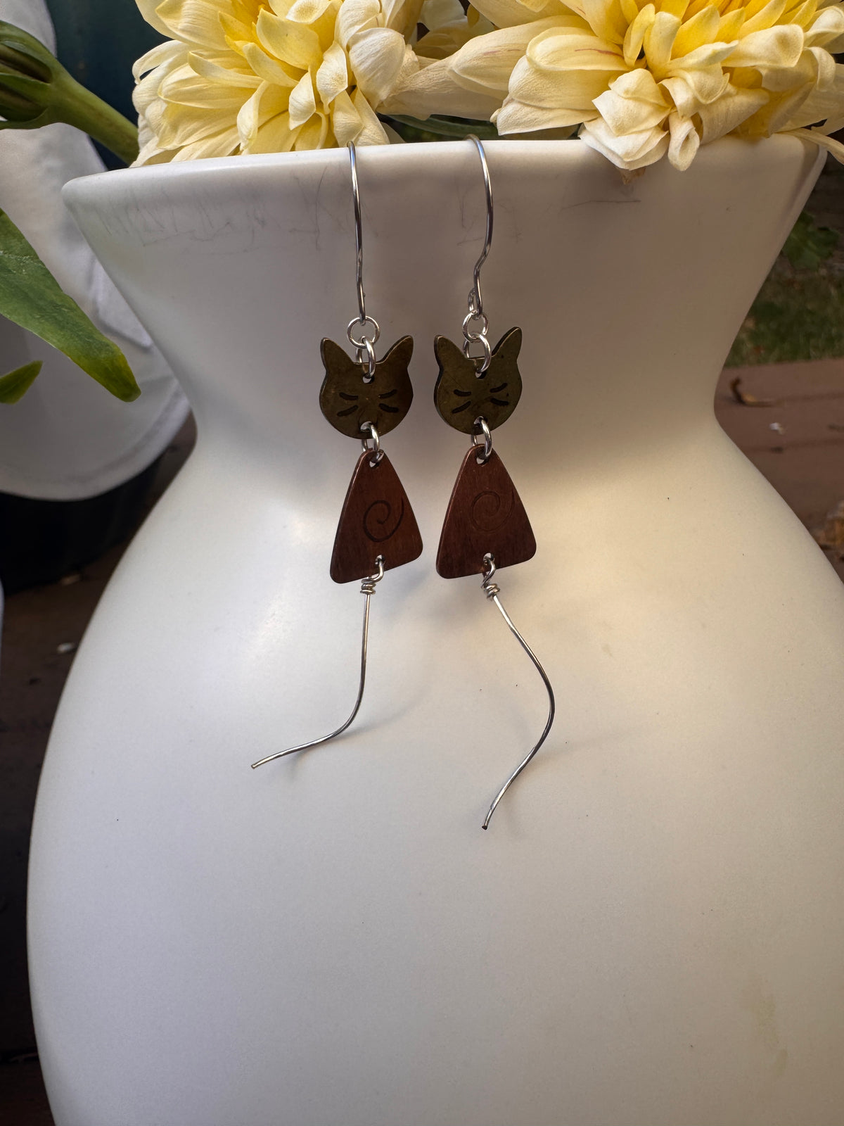 Cat metal charms and mixed metal, small earrings