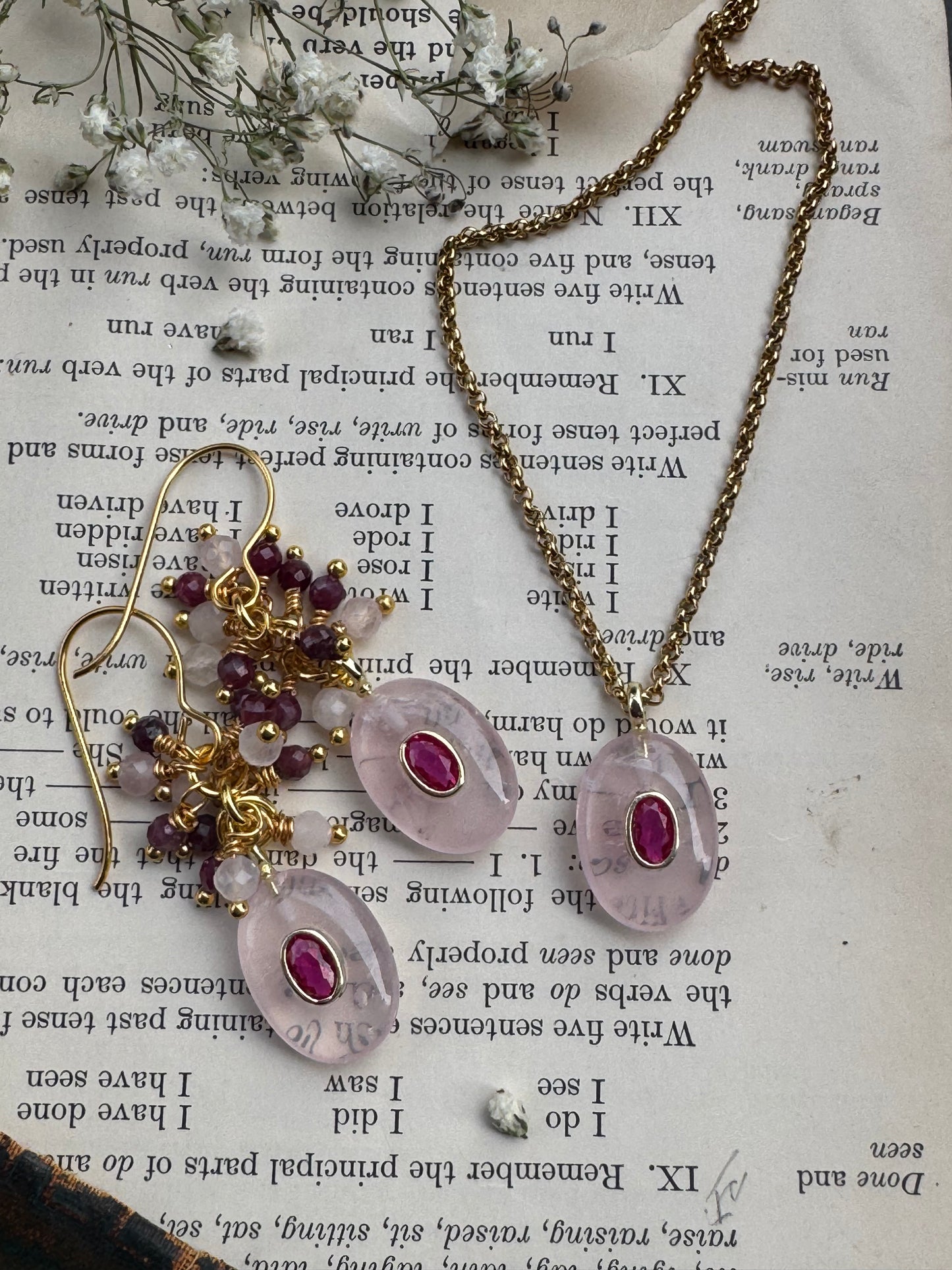 rose quartz, ruby crystal, gold metal, drop necklace