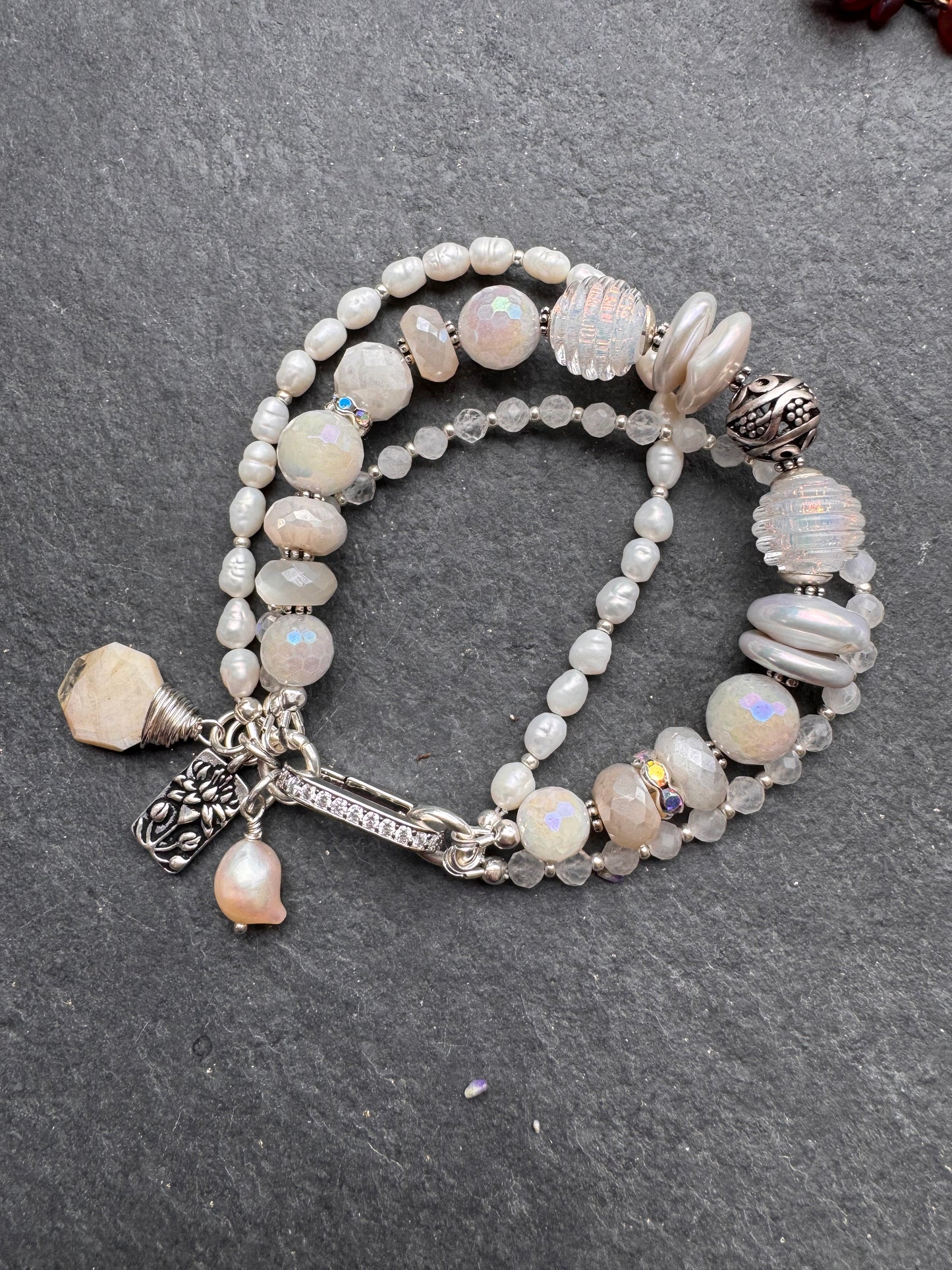 Pearls, moonstone gemstone,handmade lampwork glass, silver metal, bracelet, jewelry.