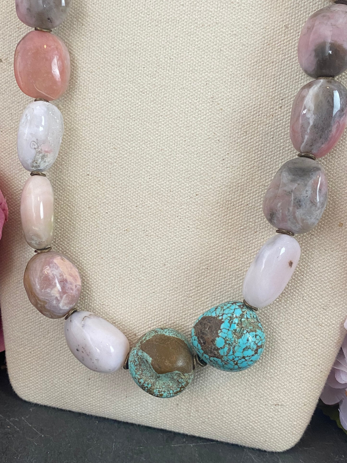 Pink opal chunk stone, number 8 turquoise chunk stones, bronze metal, necklace