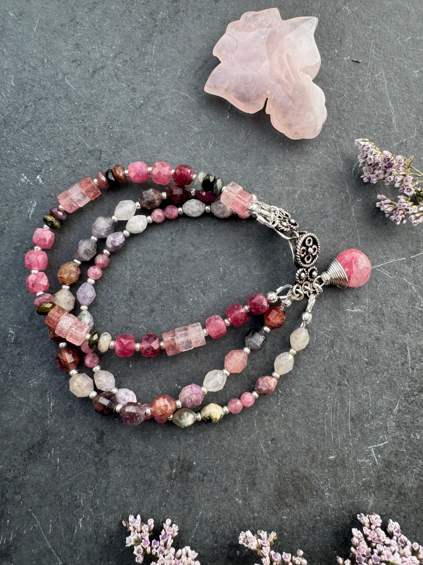 Watermelon tourmaline stone, rose quartz, pink tourmaline, strawberry quartz, sterling silver clasp.