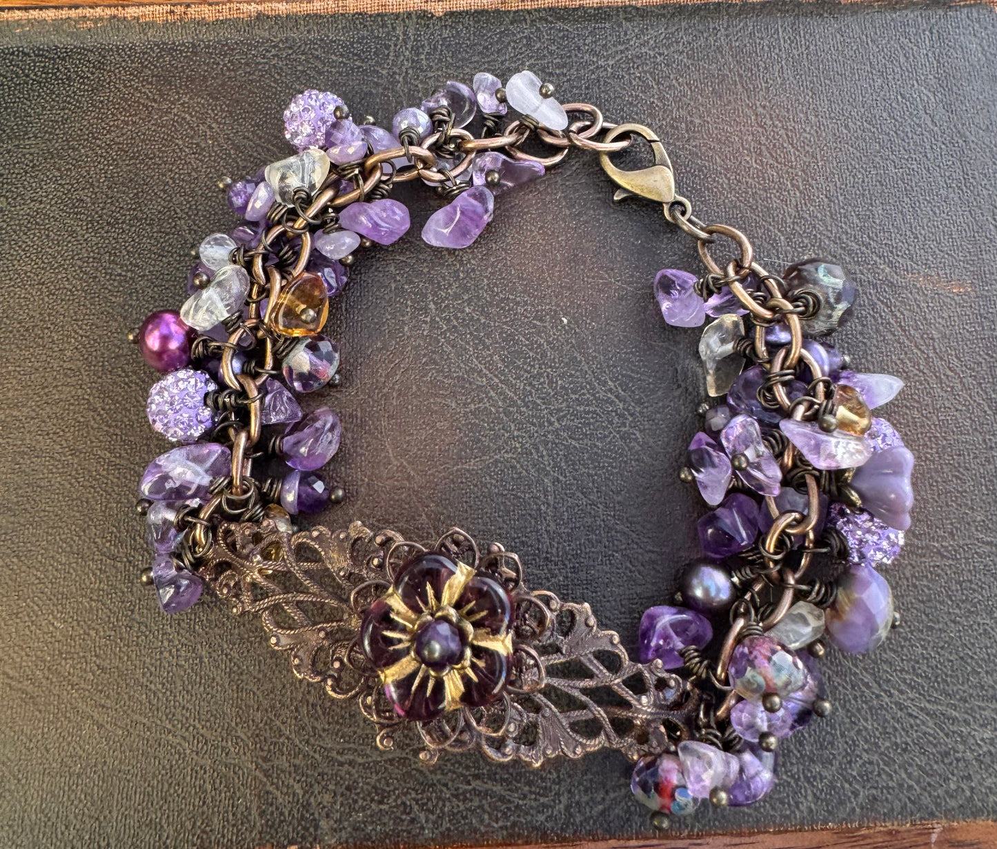 Amethyst, Ametrine stone, pearl, Czech glass, crystal, chocolate bronze metal, cuff style, bracelet