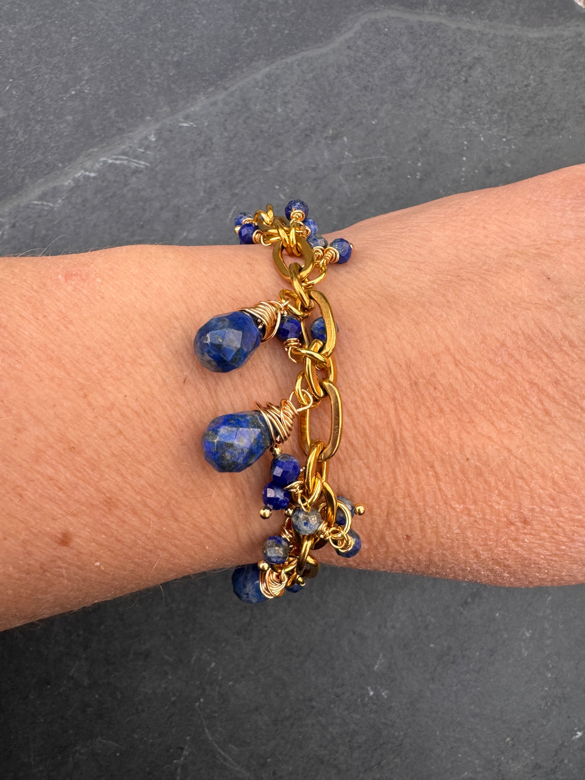Lapis lazuli and gold chain metal bracelet.