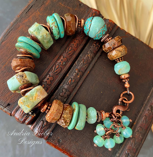 Green chunky and copper metal, bracelet. With turquoise, chrysoprase, green garnet, ceramic bead and patina findings.