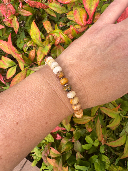 Crazy lace agate, copper metal, button bracelet