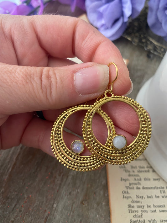 Moonstone, gold metal hoops, earrings, jewelry.