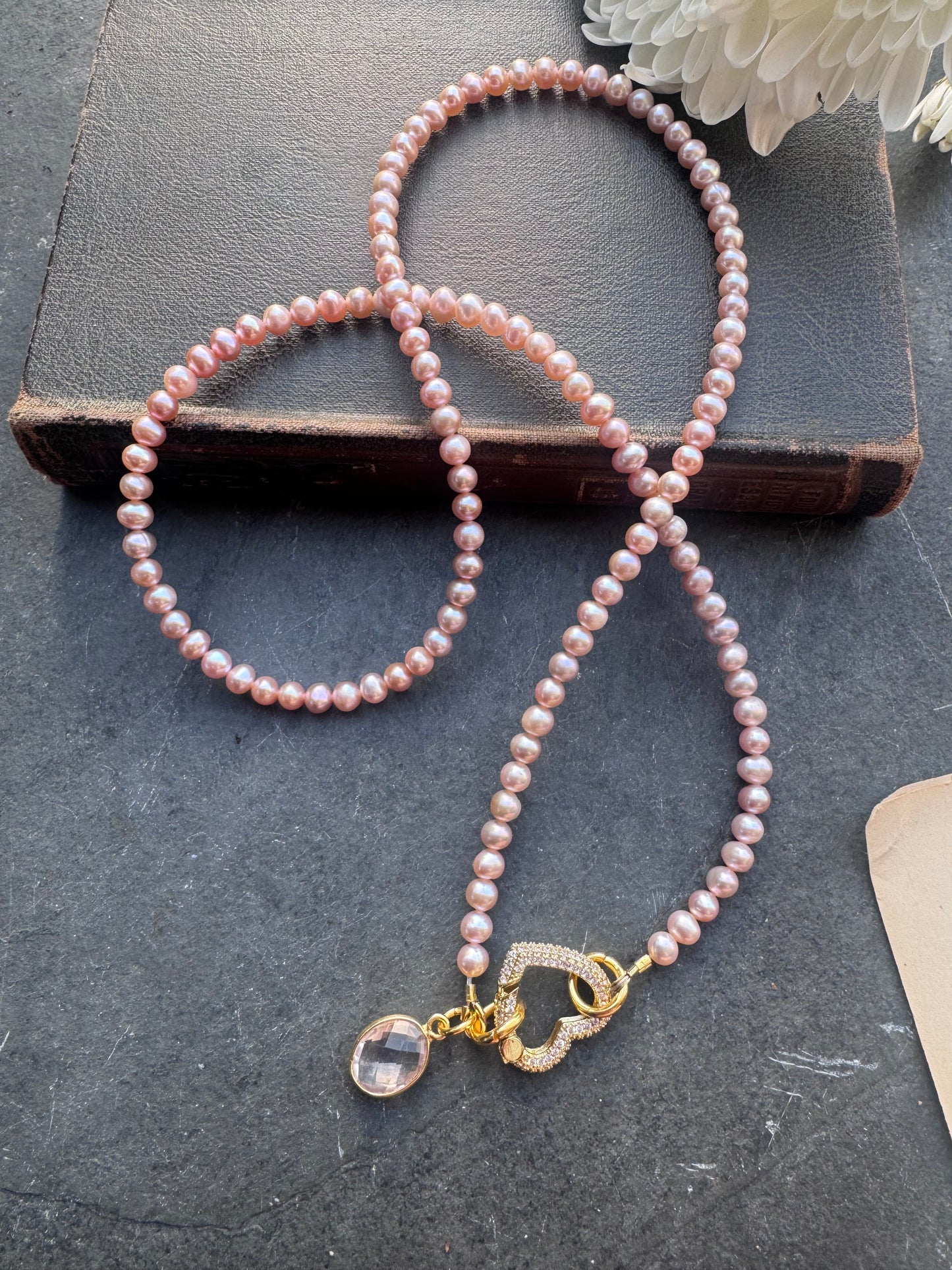 Pink Freshwater pearls rhinestone heart clasp, rose quartz drop, and gold metal, necklace