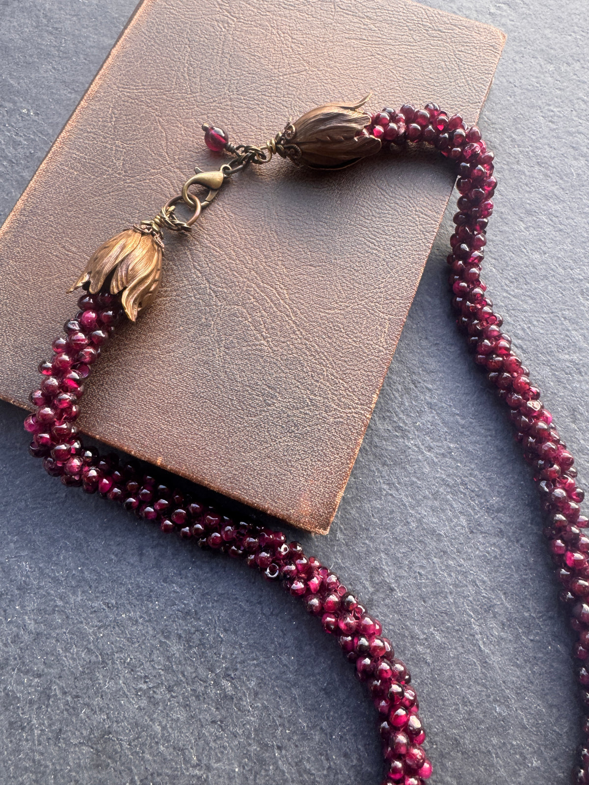 Garnet beaded rope chain, antique brass metal, necklace ￼