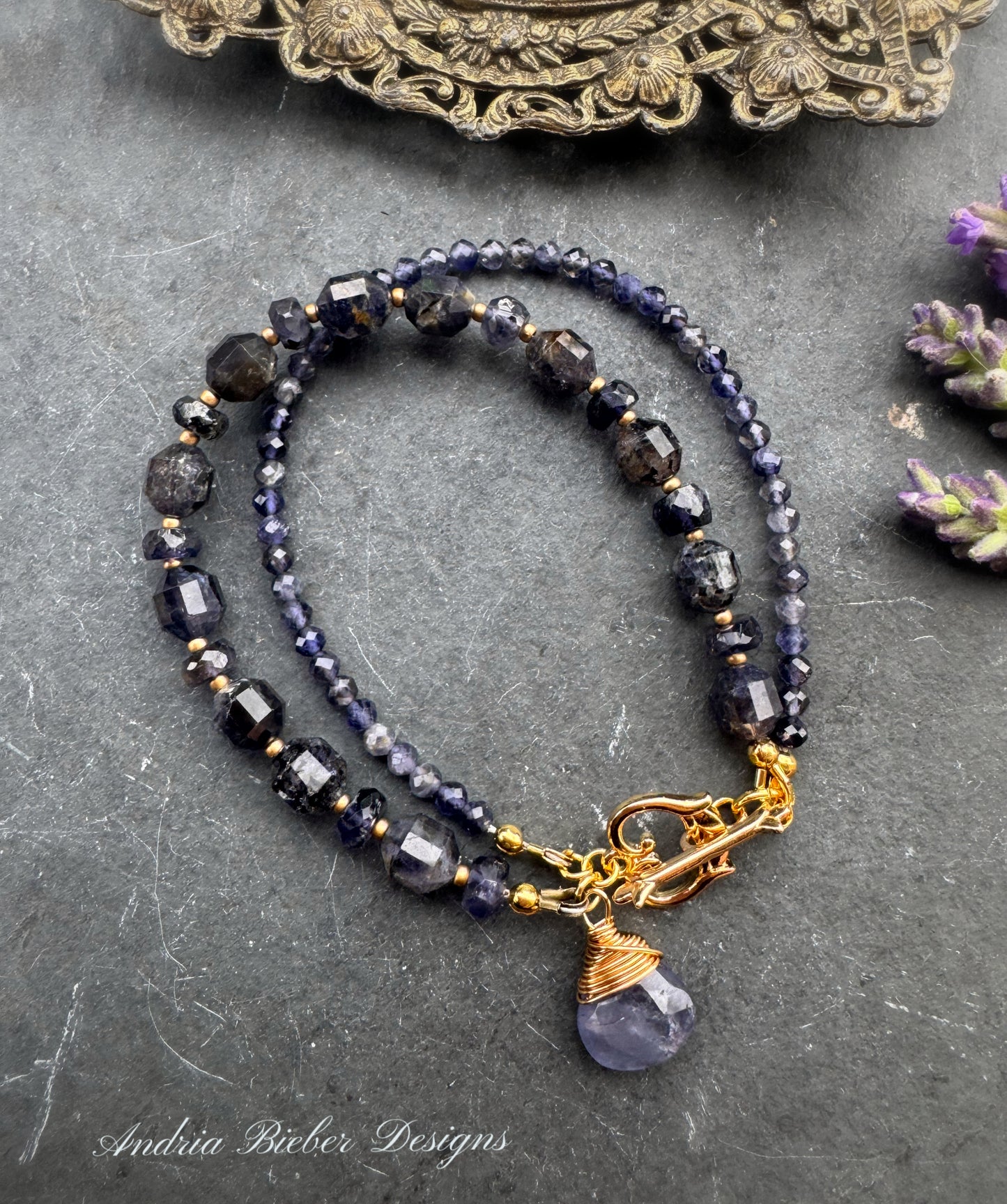 Iolite gemstone, brass metal, bracelet