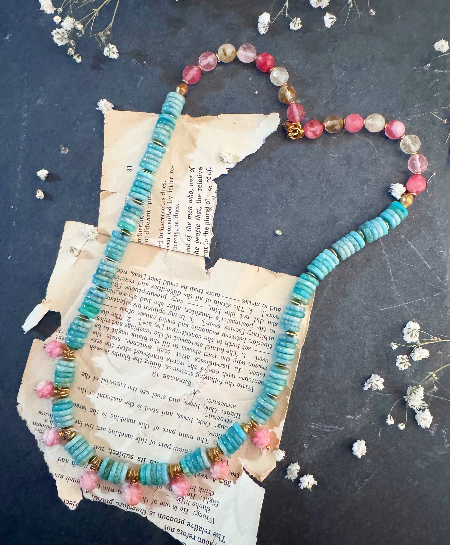 Natural Sea Blue Peruvian Amazonite stone, pink opal carved flowers, agate, brass metal, Necklace (vintage beads)
