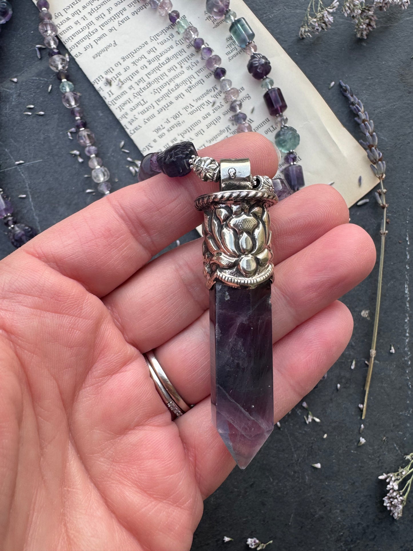 Fluorite stone, two layer, Tibetan silver crystal point pendant, necklace.