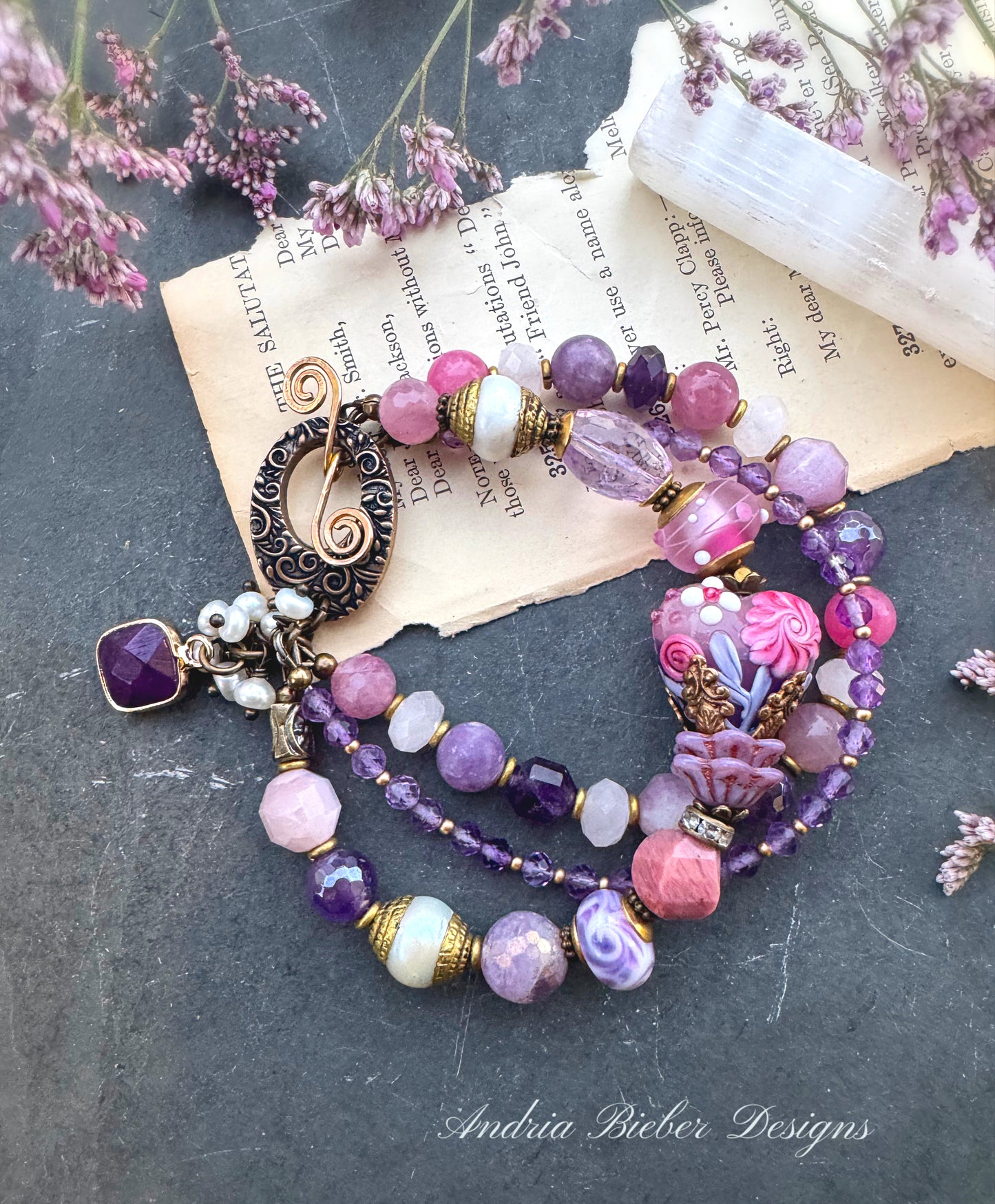Rose quartz, pink tourmaline, amethyst, pearls, Czech pass, rhodochrosite, pink jade, handmade lampwork glass, handmade bronze clasp, bracelet