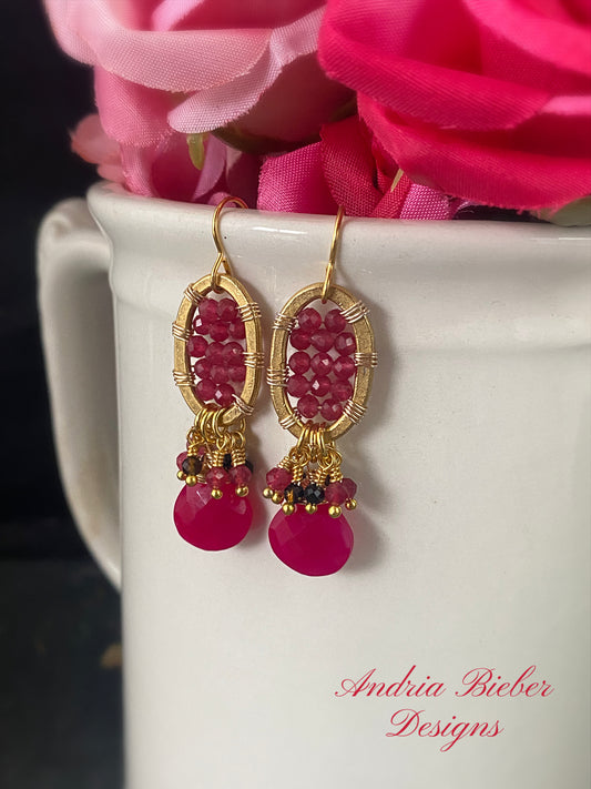 Pink chalcedony stone, black agate, gold metal, earrings, jewelry