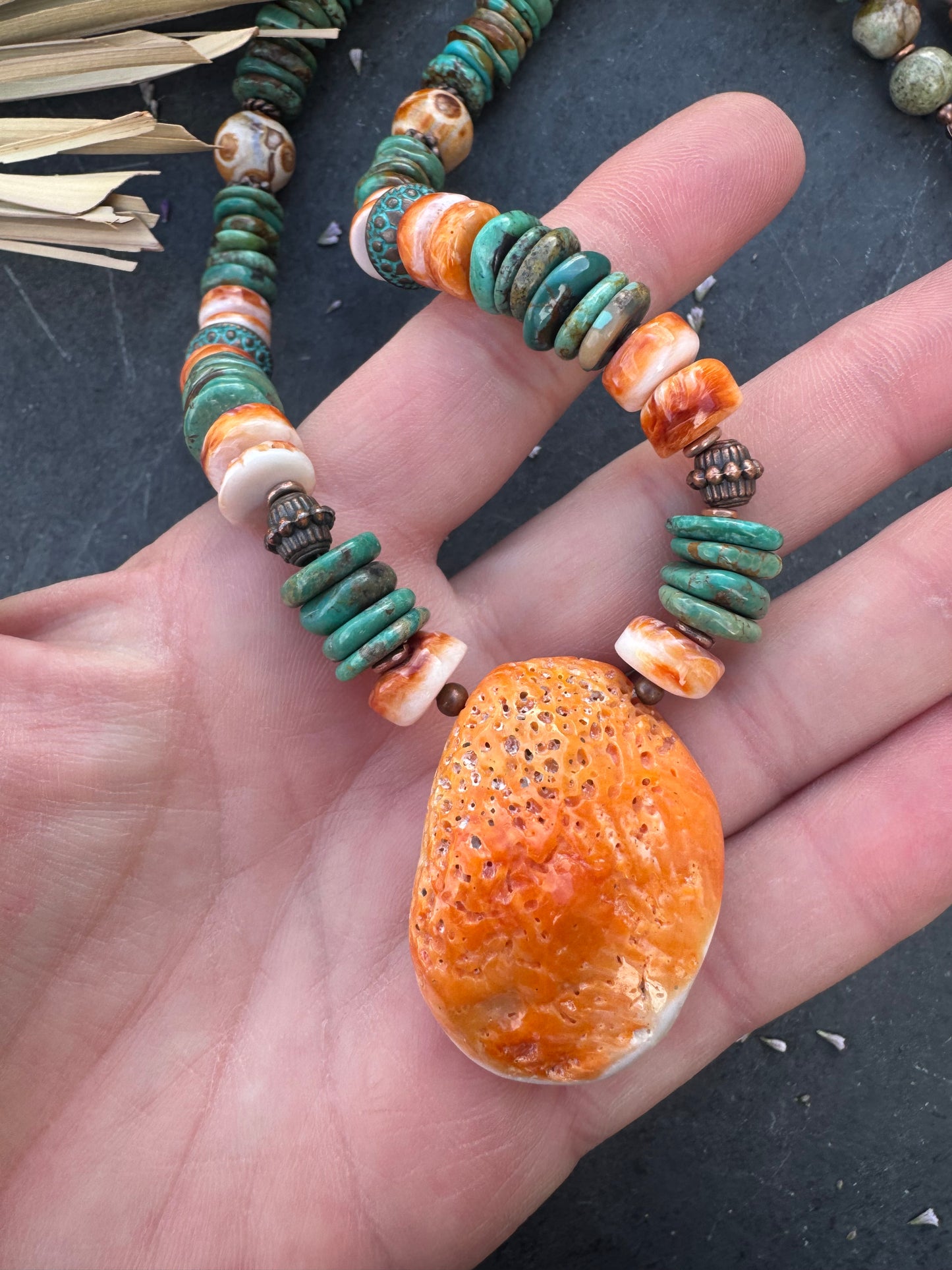 Hubei turquoise, spiny oyster, Peruvian Pine stone, copper metal, necklace