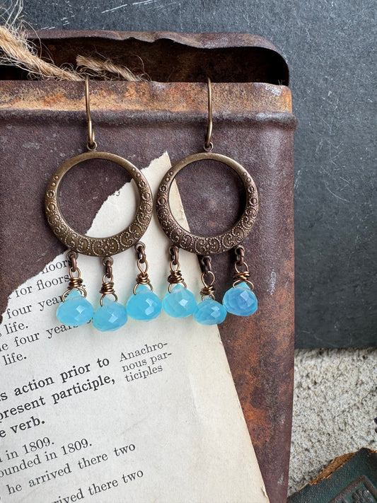 Blue stone, bronze metal, earrings