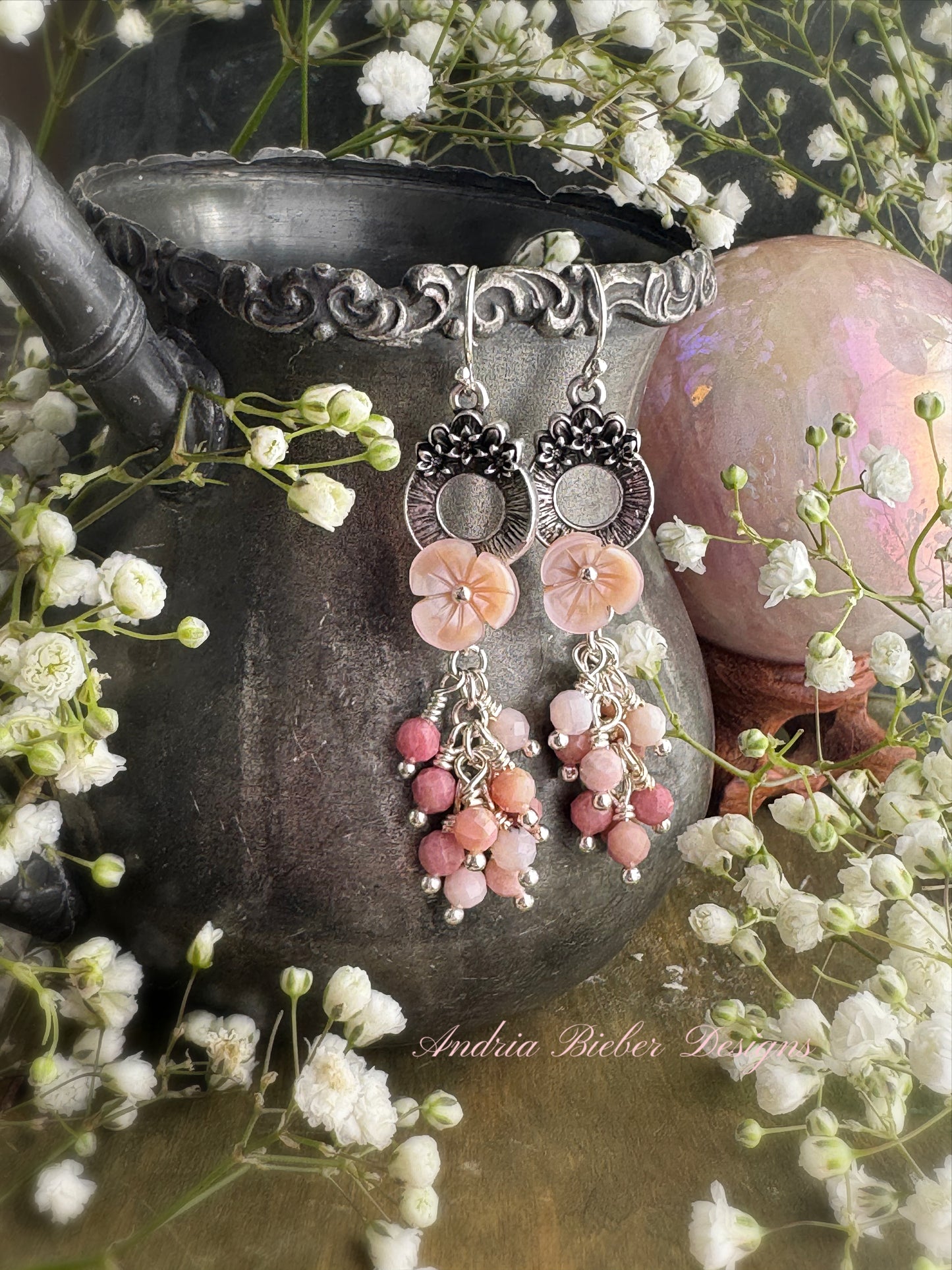 Pink opal, pink shell blossoms, sterling silver metal, earrings