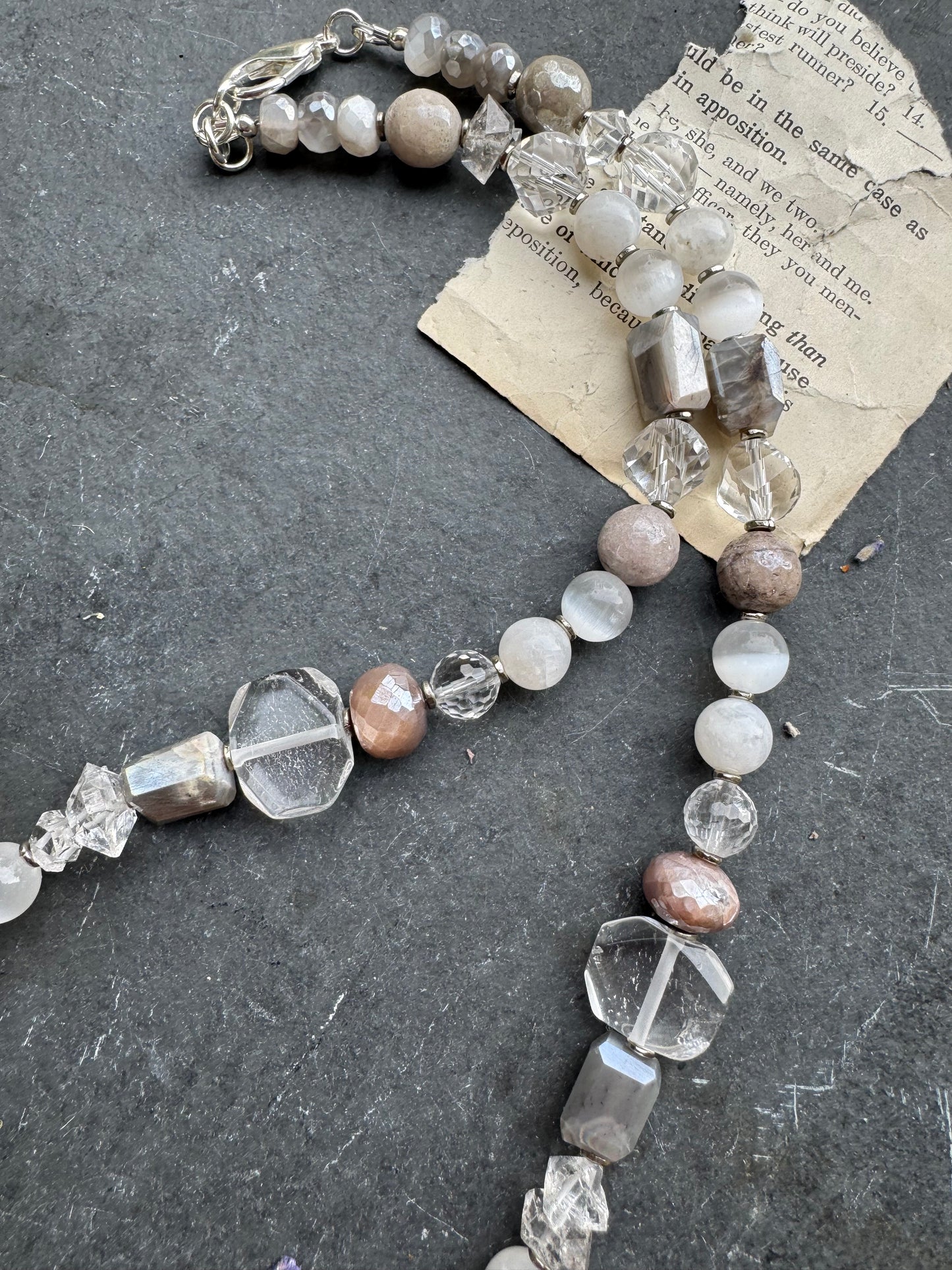 Labradorite stone, clear quartz, moonstone, crystal pendant, sterling silver metal, necklace.